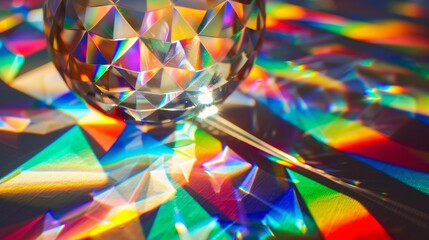Crystal ball on reflective surface with a multitude of rainbow colors. Close-up photography highlighting facets and light dispersion.