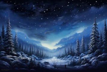 A snowy landscape at night is full of conifers and lights, creating spectacular backdrops in sky-blue. - obrazy, fototapety, plakaty