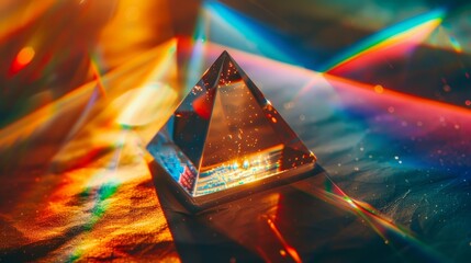 Pyramid-shaped crystal prism on a colorful background with light refraction. Macro photography with a focus on light effects and spectrum