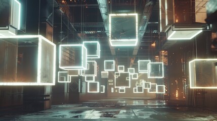 Futuristic glowing square frames in dark industrial space. Concept art for science fiction and cyberpunk design