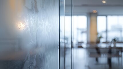 Frosted glass with condensation in contemporary office setting. Abstract texture background for corporate design