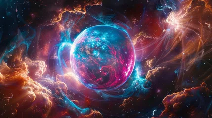 Foto op Plexiglas Vibrant cosmic nebula with glowing planet. Digital art for space and universe concept. Wide format wallpaper © Andrey