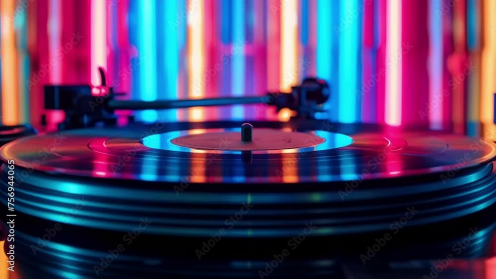 Poster macro shot of a vinyl record spinning on a turntable the neon lights in the background creating a su