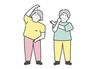 運動(ストレッチ)をする男女の高齢者イラスト