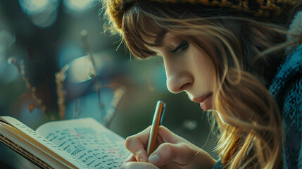 Closeup of a Woman Hand Writing in a Diary - Creative Inspiration, Generative Ai - obrazy, fototapety, plakaty