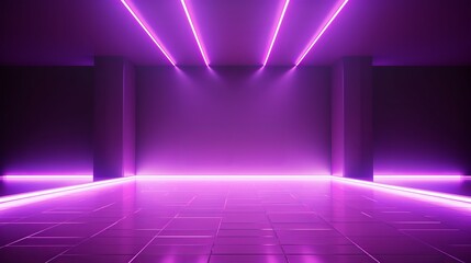 Abstract purple background with neon glow in an empty room with spotlights and lights.