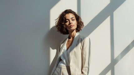 Stylish woman in light beige suit with shadow play. Modern fashion studio portrait with copy space. Photography for fashion editorial and advertisement design