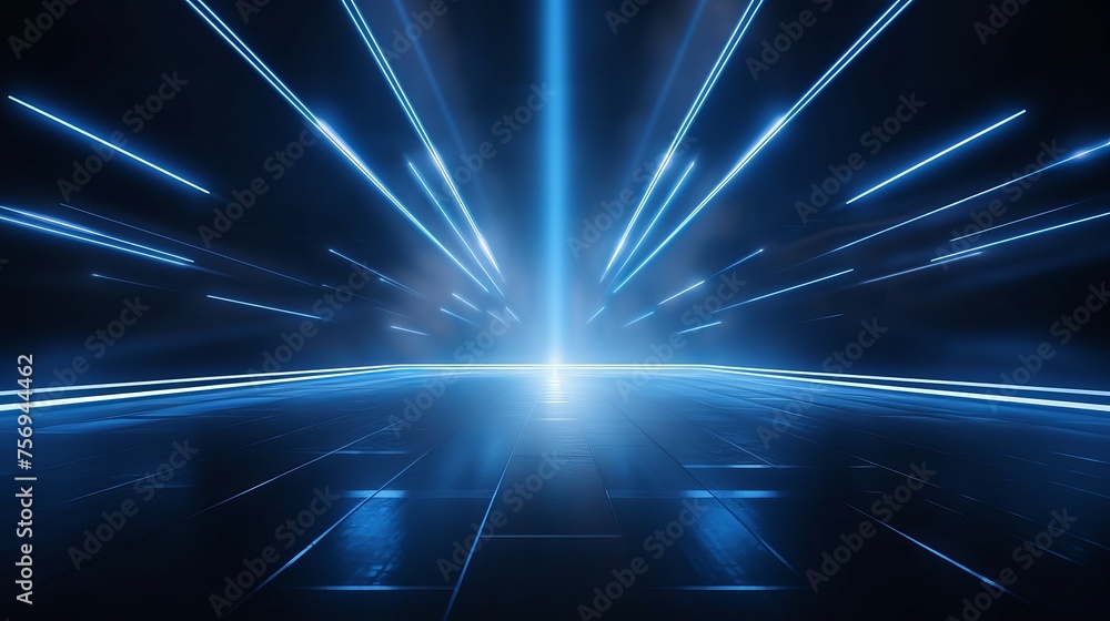 Wall mural an abstract dark background featuring an empty stage with blue neon light, rays of spotlights, and r