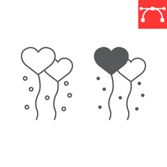 Love balloons line and glyph icon, birthday and holiday, heart balloons vector icon, vector graphics, editable stroke outline sign, eps 10.