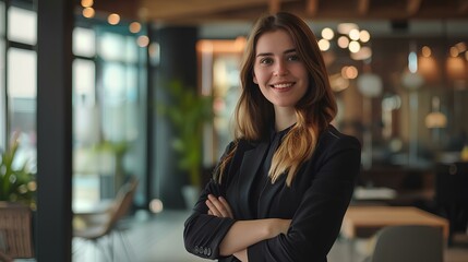Young smiling businesswoman standing with arms crossed in a modern office looking at the camera, portrait of a beautiful female business executive posing for a photo in an open space. generative AI - Powered by Adobe