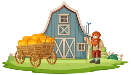 Fototapete Rund Cheerful farmer standing by hay cart outside barn. © GraphicsRF