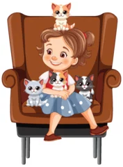 Fototapete Rund Happy young girl sitting with three adorable kittens. © GraphicsRF