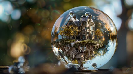 Fantasy glass sphere with detailed miniature house and environment reflected. Dreamlike crystal ball photography with bokeh lights background