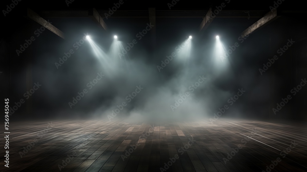 Poster an empty dark room with lights, smoke, glow, and rays creates a mysterious ambiance.