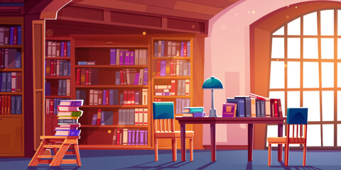 Public library with many books on shelves in case, in stack on wooden table with chair and lamp. Cartoon vector public bookstore with literature for school study or reading concept. - obrazy, fototapety, plakaty
