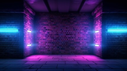 An empty corridor with brick walls and neon light in the background sets a captivating scene.