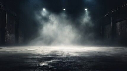 An empty dark room with concrete floor, asphalt, neon light, smoke, and spotlight creates a compelling backdrop.