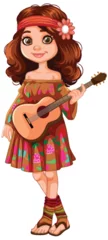 Fototapete Rund Animated girl with guitar in boho style dress. © GraphicsRF