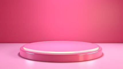 An empty podium or stand awaits product showcase against a pink background, bathed in bright pink hues under hard lighting, ideal for cosmetic product presentations.