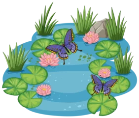 Fototapete Colorful butterflies over water lilies in a tranquil pond © GraphicsRF