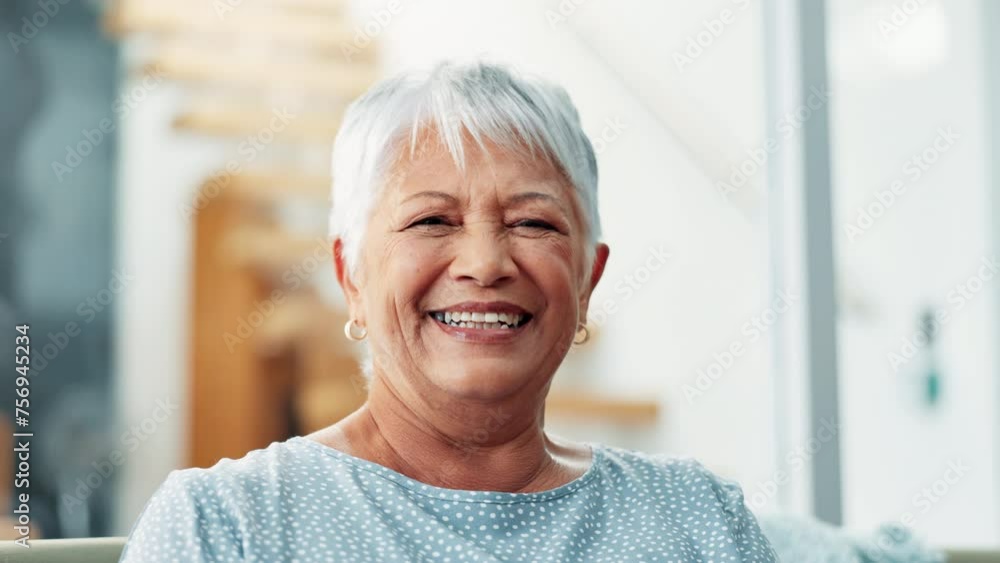 Sticker Happy, laugh and face of elderly woman on sofa for relaxing, smile and resting in home. Retirement, morning and portrait of senior person on couch with confidence, pride and happiness in living room