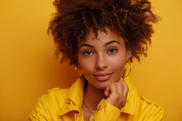 Naturally beautiful woman on yellow background  - obrazy, fototapety, plakaty