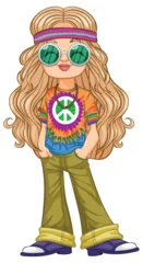 Deurstickers Colorful, retro-styled hippie girl in vibrant attire. © GraphicsRF
