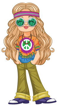 Colorful, retro-styled hippie girl in vibrant attire.