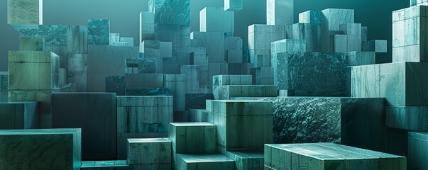 Teal concrete blocks in an abstract architectural composition. 3D render for modern design and geometric art.