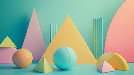 Pastel geometric shapes on a two-tone background. Minimalist 3D composition for modern art and design concept