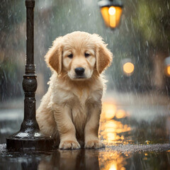 비 오는 거리, 떨고 있는 리트리버 강아지 한 마리, 은은한 가로등