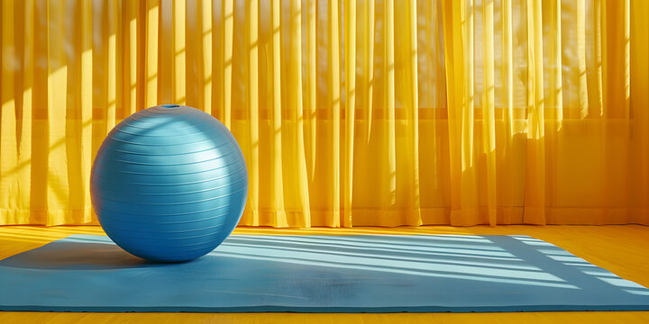 One perfect bright blue ball levitated with a shadow isolated on yellow  background, 
