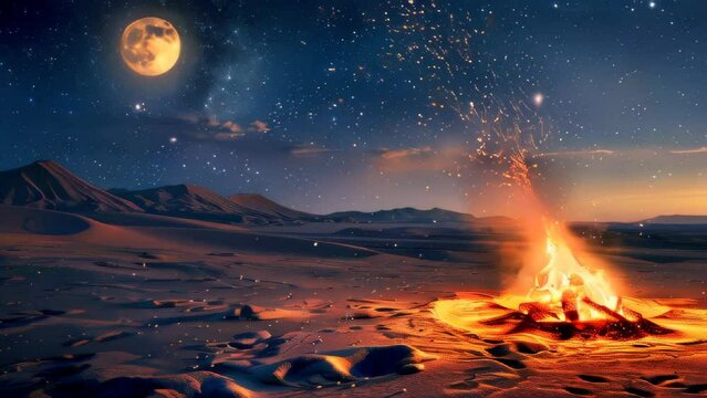 A campfire in the desert at night
