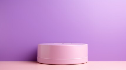 In a studio close-up, a piggy bank hovers above a round podium set against a purple blank background, symbolizing the concept of quality saving money, with ample space for copy.
