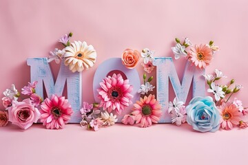 word MOM decorated with flower pastel pink background