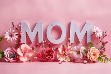 word MOM decorated with flower pastel pink background