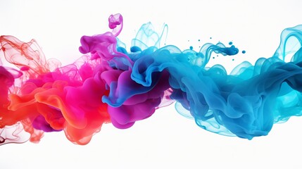 Motion-captured color drops swirling in water create a cloud of silky ink isolated on a white background, evoking the spontaneity of action painting. - obrazy, fototapety, plakaty