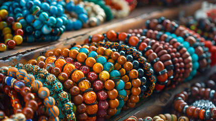 Street Vendor Bracelets: Handmade Jewelry Display, Ethnic Bracelet Collection, Artisan Accessories, Generative Ai - obrazy, fototapety, plakaty