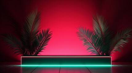 Palm tree leaves on abstract background with podiums in neon light. Trendy geometric shapes for products. Red and green gradient light. Minimalism, 90s, 80s concept