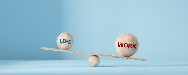 Work life balance concept. Wooden cube block with word LIFE and WORK on seesaw.