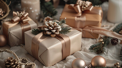 Fototapeta na wymiar Stylish Posh Christmas New Year Presents: Luxury Gift Boxes, Festive Holiday Packages, Generative Ai