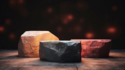 Textured stones arranged as a podium background, illuminated by colored light.