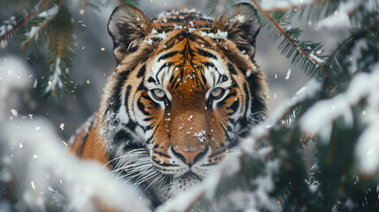 Tiger Looks Out from Behind the Trees: Wildlife Photography, Jungle Animal Portrait, Wild Tiger Staring, Generative Ai