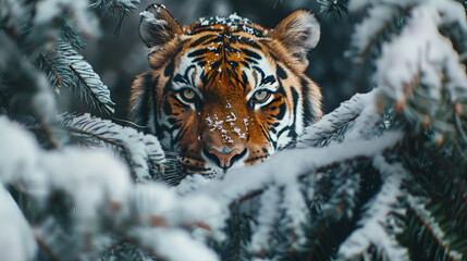 Fototapeta na wymiar Tiger Looks Out from Behind the Trees: Wildlife Photography, Jungle Animal Portrait, Wild Tiger Staring, Generative Ai