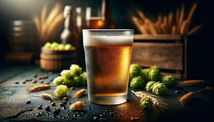 A clear, frosty glass of craft beer, with condensation visible, placed on a dark wooden surface. - obrazy, fototapety, plakaty