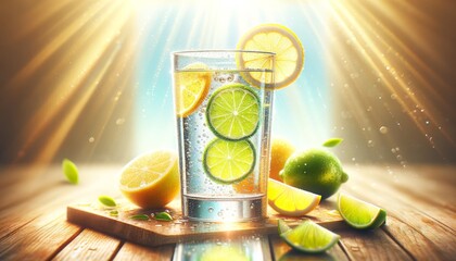 An artistic still life setup featuring a clear glass of sparkling water with vibrant lemon and lime slices inside. - Powered by Adobe