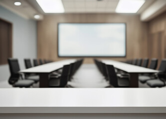 White table with blurred conference room