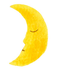 Cute sleeping cartoon moon. Hand drawn watercolor illustration cartoon moon isolated on white. - 756948460
