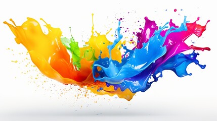 Vibrantly colored splashes arranged in abstract shapes stand out against a pristine white background.