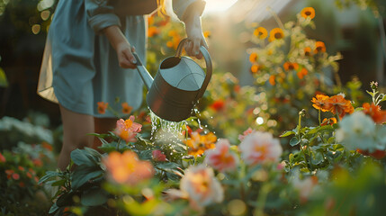 Unrecognizable Woman Watering Flower Bed Using Watering Can: Gardening and Horticulture Activity, Female Gardener Tending Plants, Eco-friendly Garden Care, Generative Ai - obrazy, fototapety, plakaty